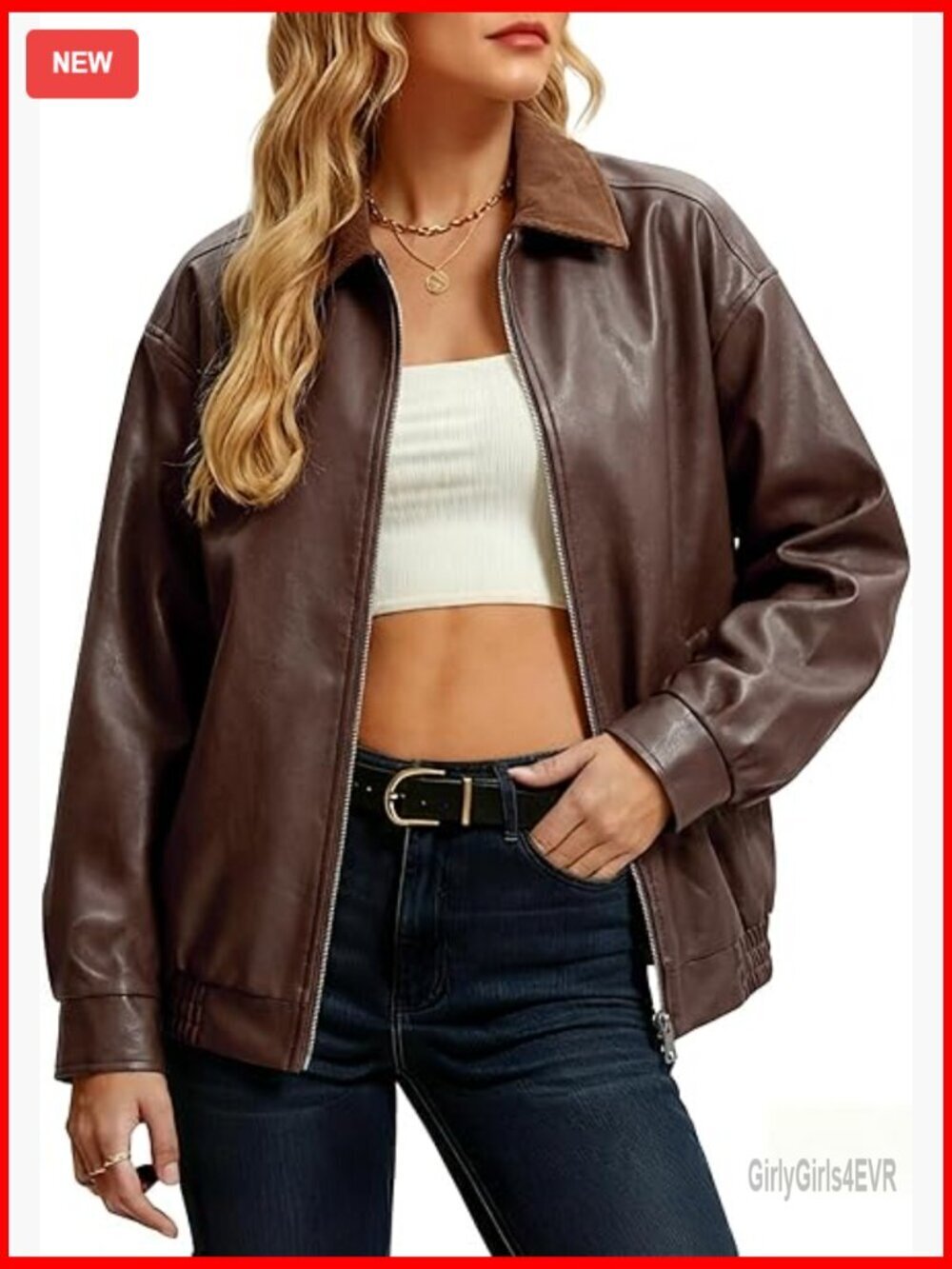 Oversized Faux Leather Bomber Jacket, Relaxed Fit, Long Sleeve, Zipper Closure
